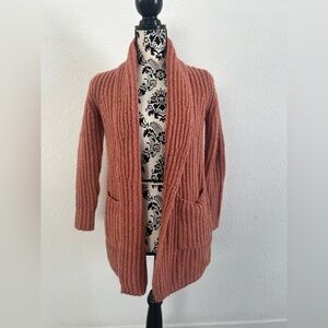 LOFT Petite Small Rust Wool Blend Chunky Ribbed Open Front Cardigan Sweater